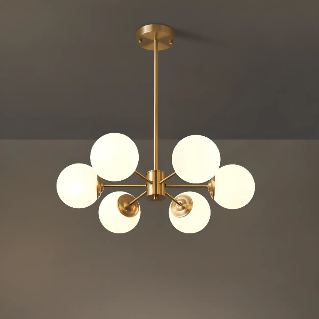 Modern Gold Sputnik Chandelier with White Glass Globe