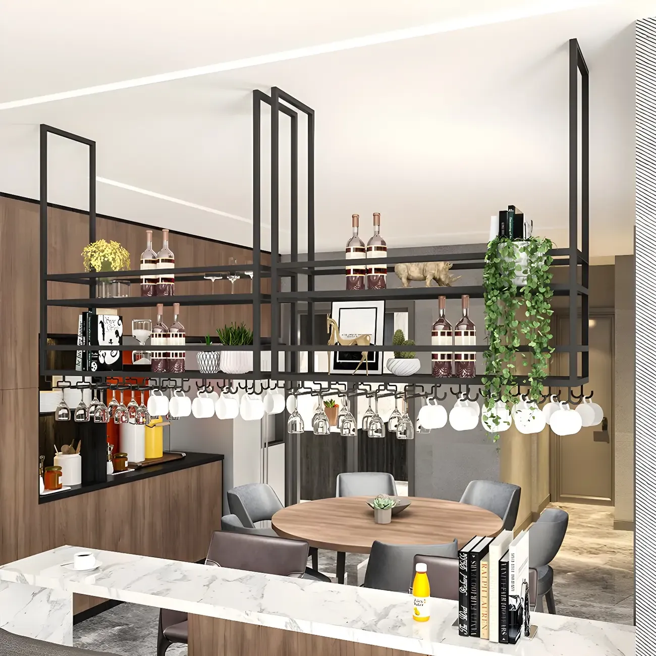 Black Metal Large Hanging Wine Rack with Glass Holder