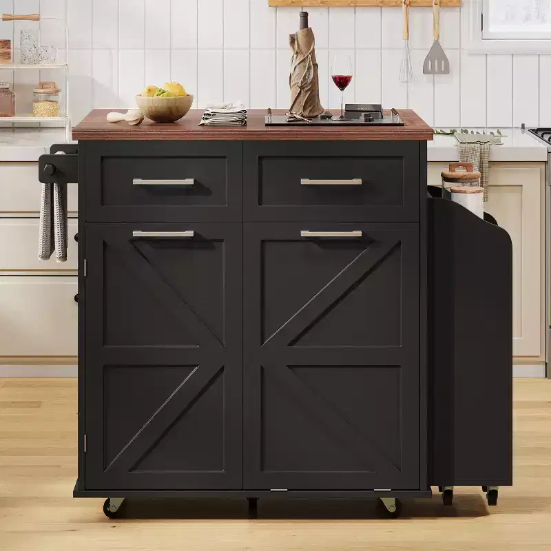 GDFStudio Alma 47.2 Kitchen Storage Island with Removable Side Racks, Drop Leaf, Wheels and Concealed Trash Cabinet