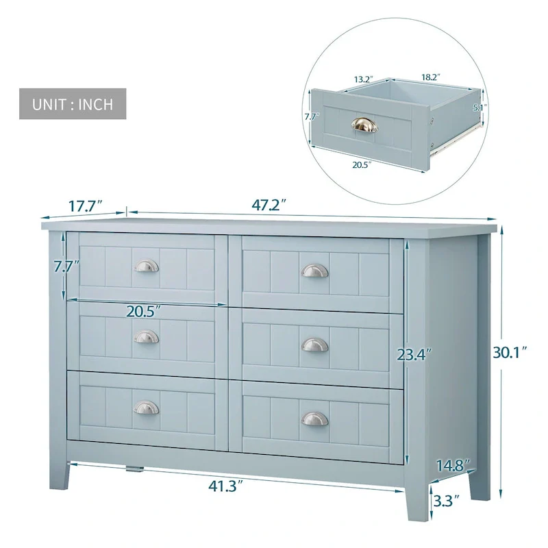 Black / Blue Retro Shell-Handle Drawer Dresser (4 or 6 Drawers, 1-Person Assembly)