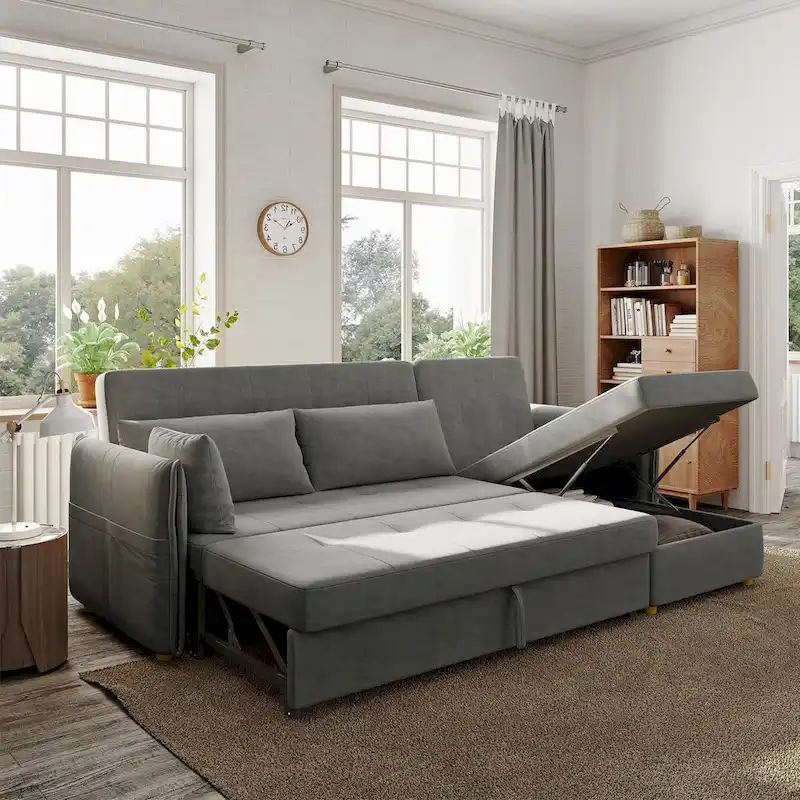 L-Shape Sofa Bed with Scratch-Resistant Fabric and Solid Wood Frame