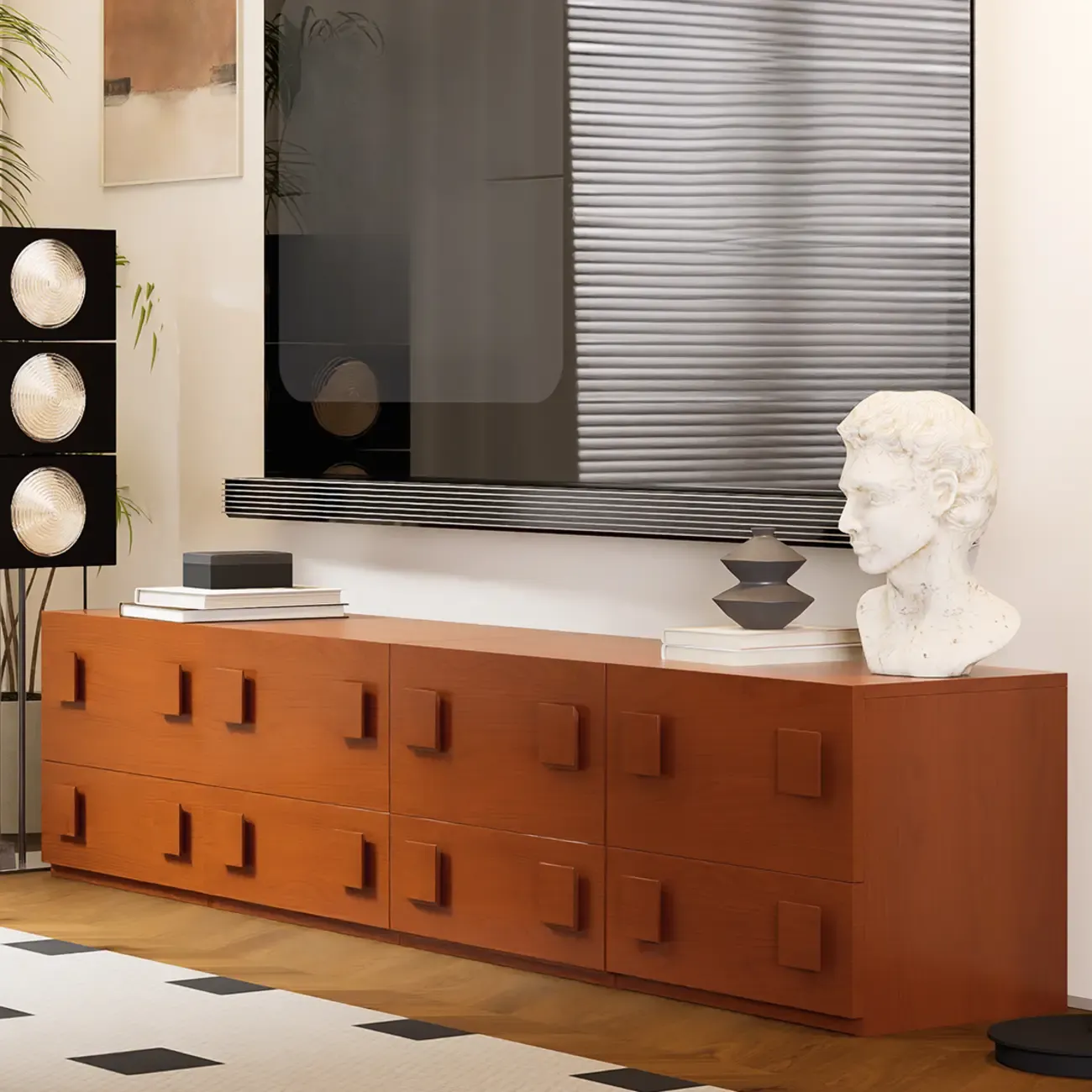 91 Mid-Century Brown Long Pine Wood TV Stand with Drawers