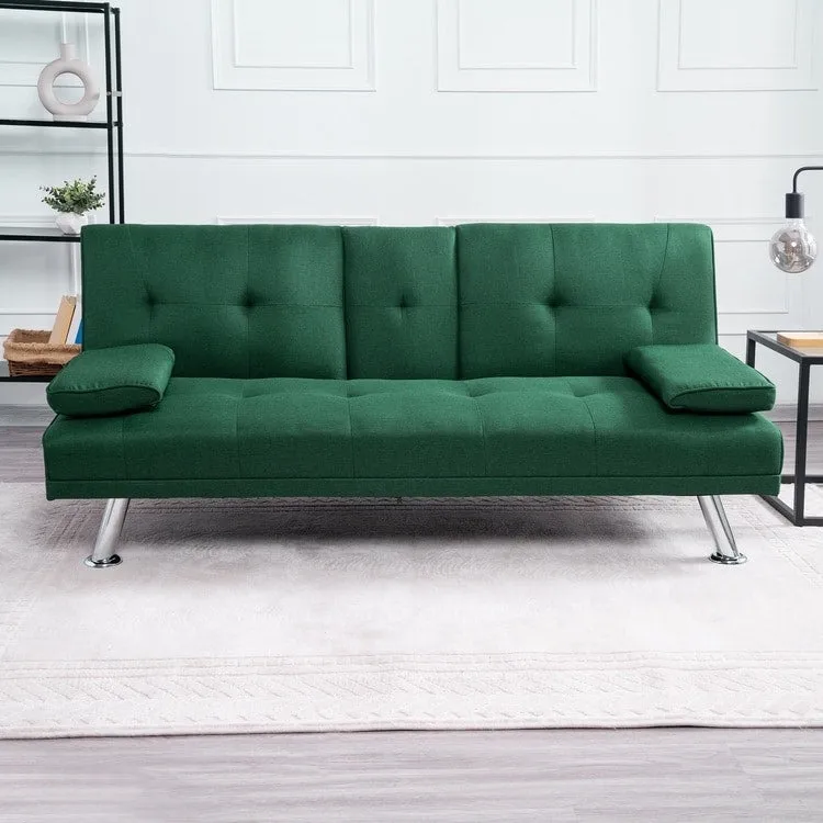 Futon Sofa Bed Couch with Armrest & Cupholders, Faux Leather Sofa Bed Couch Convertible Folding Reclining Small Couch