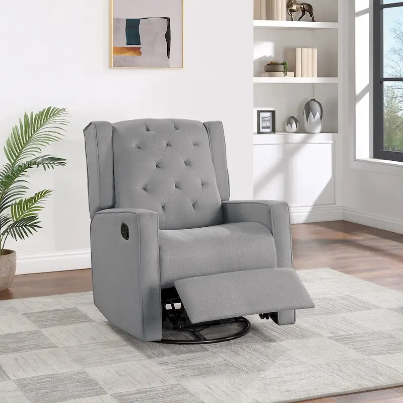 Swivel Glider Recliner Chair, Wing Back, Tufted Cushion, Manual Motion, Polyfiber, Grey / Smoke, 1-Person Use