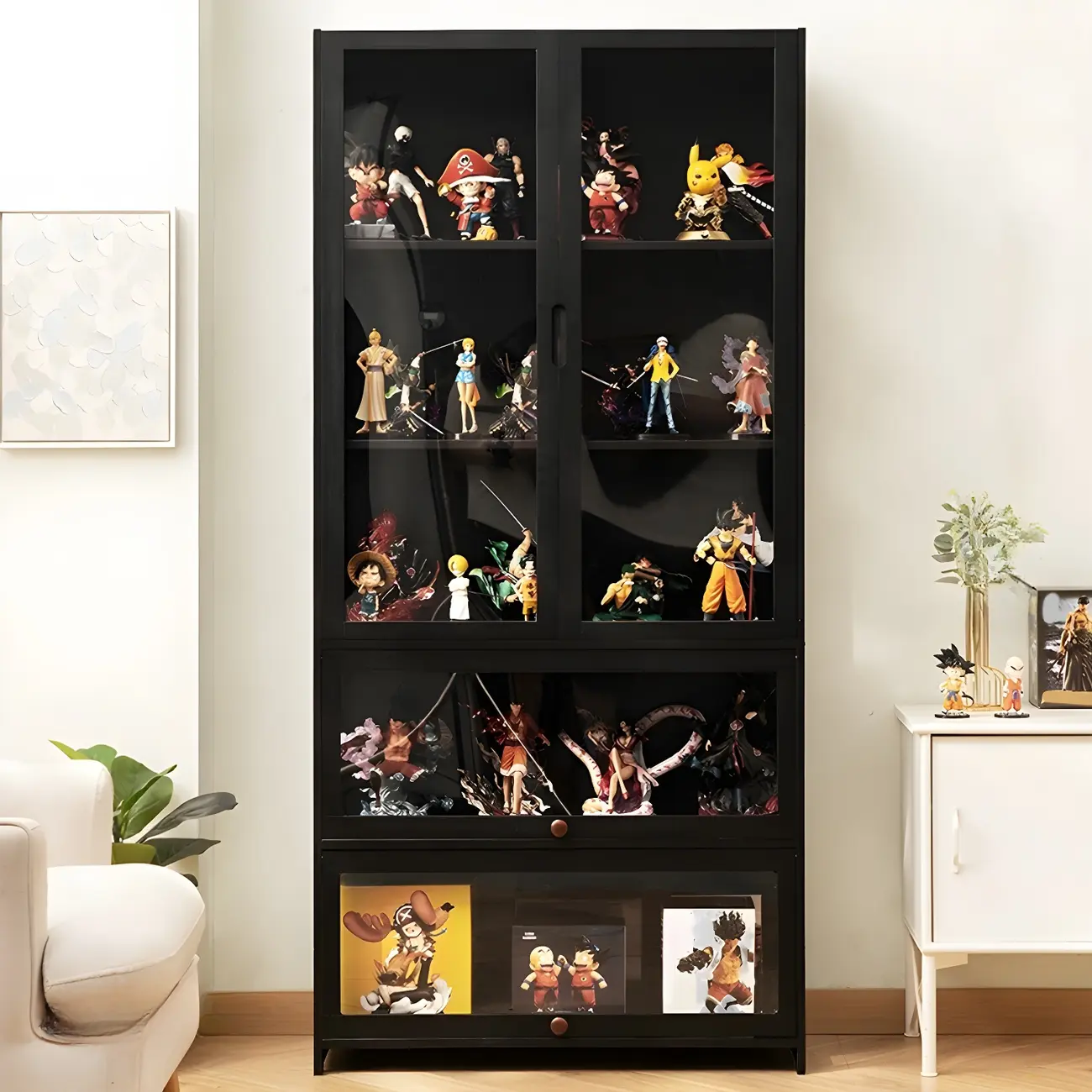 Modern Black Bamboo Adjustable Shelves Glass Display Cabinet