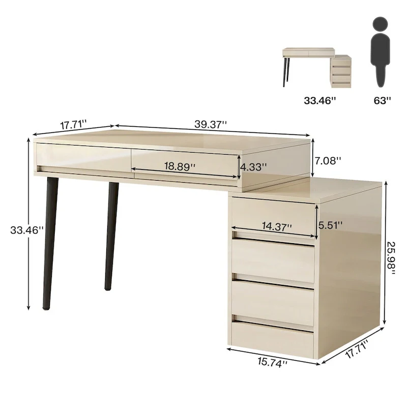 Reversible Computer Desk with 5 Drawers & Printer Stand – High Gloss White