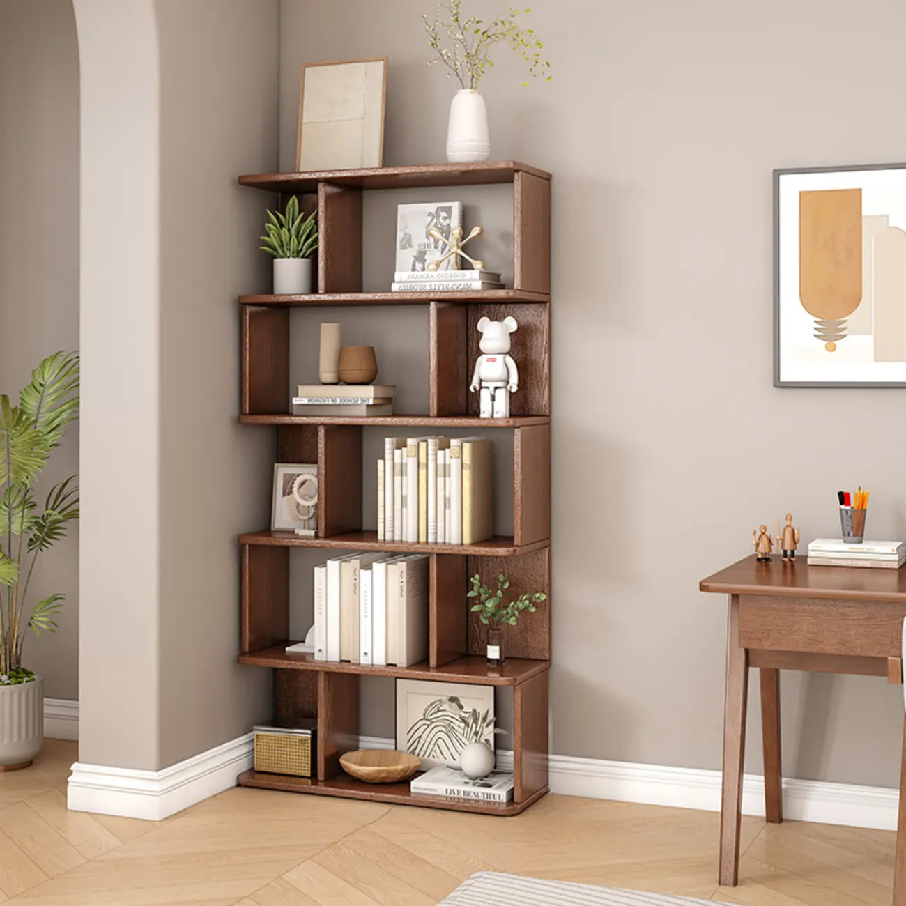 Mid-Century 6-Tier Open Back Wooden Bookshelf