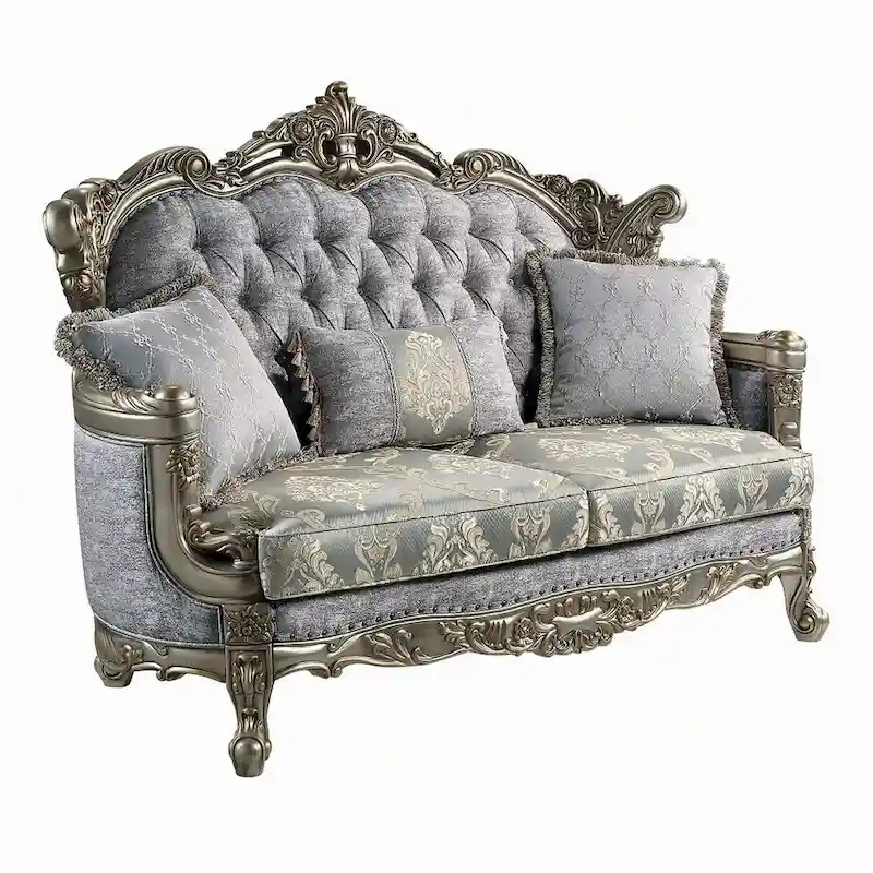 Royale Loveseat, 3 Pillows, Gray Fabric, Antique Bronze Wood, 73 Inch