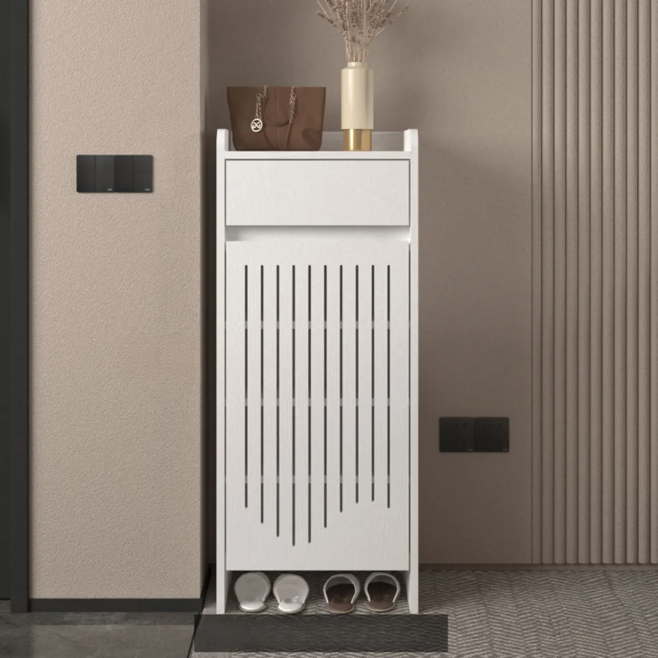 Modern Slim Wood Beige Entryway Shoe Cabinet