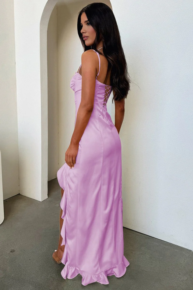 Yellow Sheath Satin Sweetheart Long Prom Dresses with Ruffles