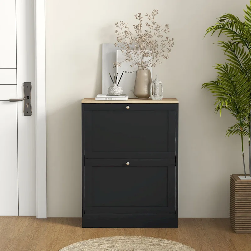 White / Black Slim Entryway Shoe Cabinet with 2 Flip Drawers and Adjustable Shelves
