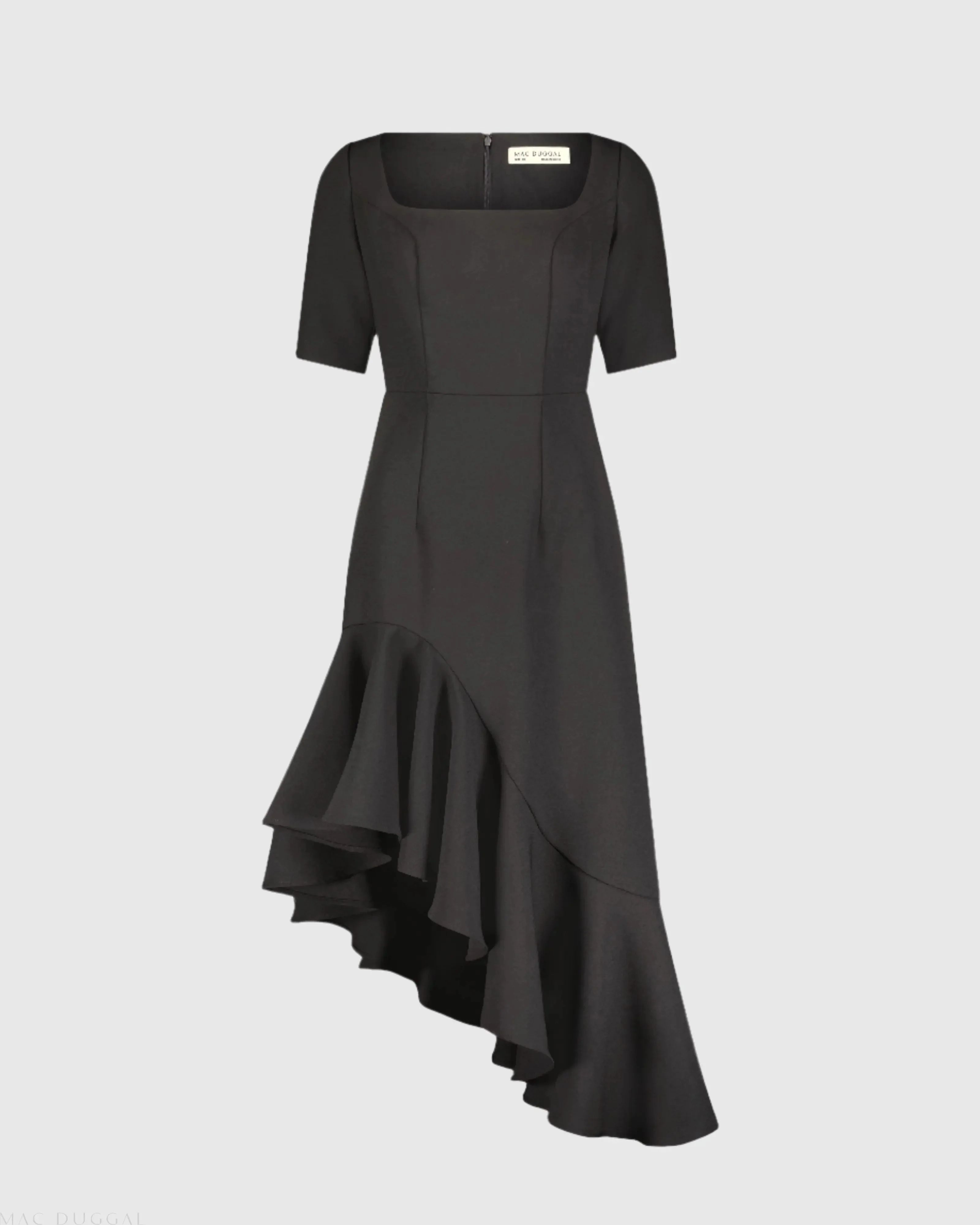 Black Crepe 3/4 Sleeve Asymmetrical Hem Dress