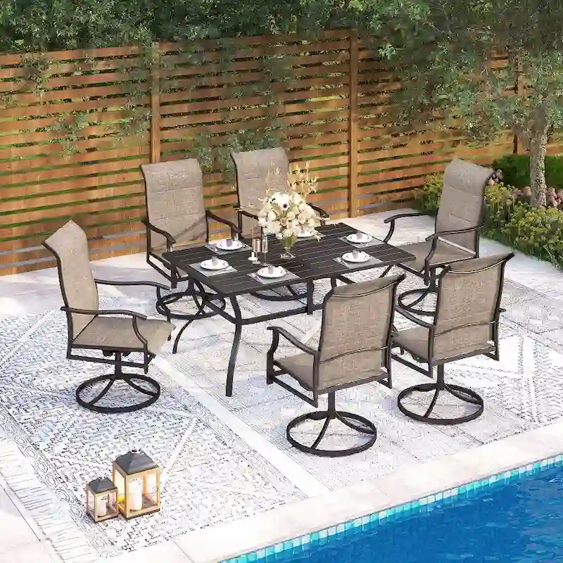 MAISON ARTS 7 Pieces Patio Dining Set, 6 x Swivel Dining Textilene Padded Chairs and 1 Metal Table with Umbrella Hole