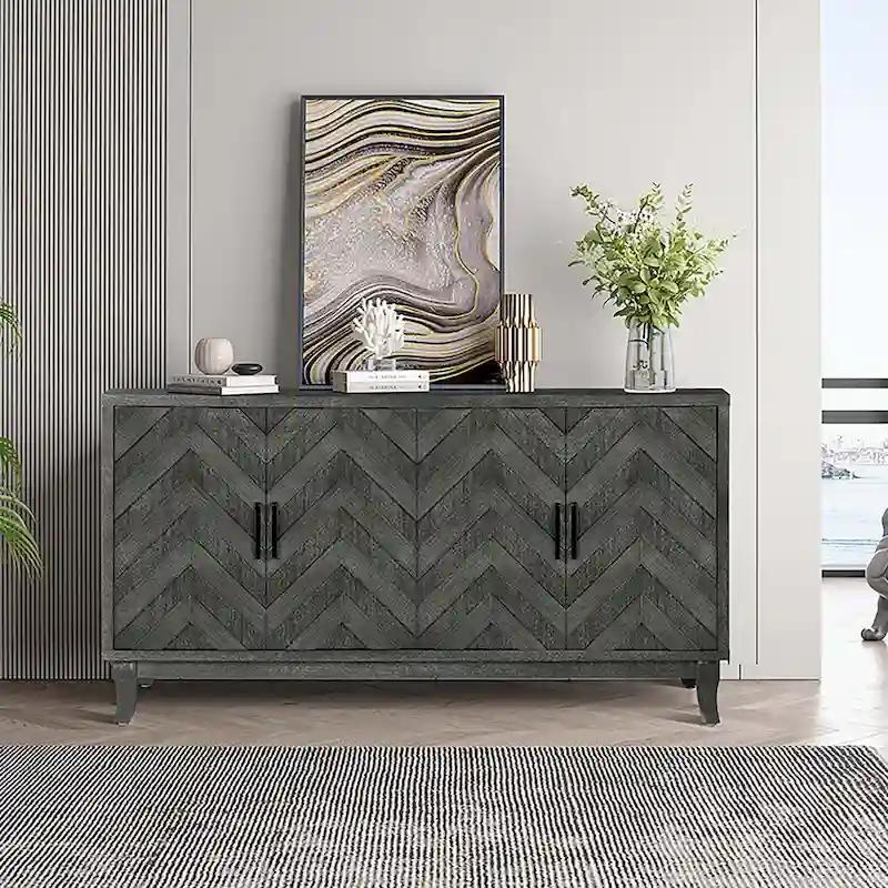 Antique Dark Grey / Green 4-Door Vintage Storage Cabinet for Living Room & Bedroom