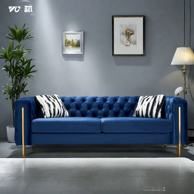 84.25  Velvet 3-Seater Sofa with Button Tufting, Gold Metal Legs, Pocket Spring And Foam Cushioning, 700 lb Capacity