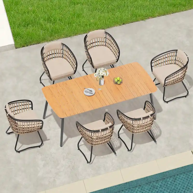 7/9-Piece Outdoor Dining Set Patio Aluminum Dining Table with Umbrella Hole and Rattan Chairs