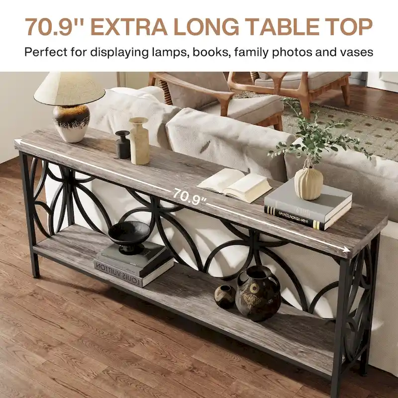 Extra Long Sofa Table with Metal Frame & Rustic Wood Finish - 70.86  L x 11.81  W x 31.88  H