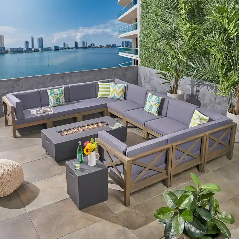 Brava Outdoor Acacia Sectional Fire Pit Set by Christopher Knight Home