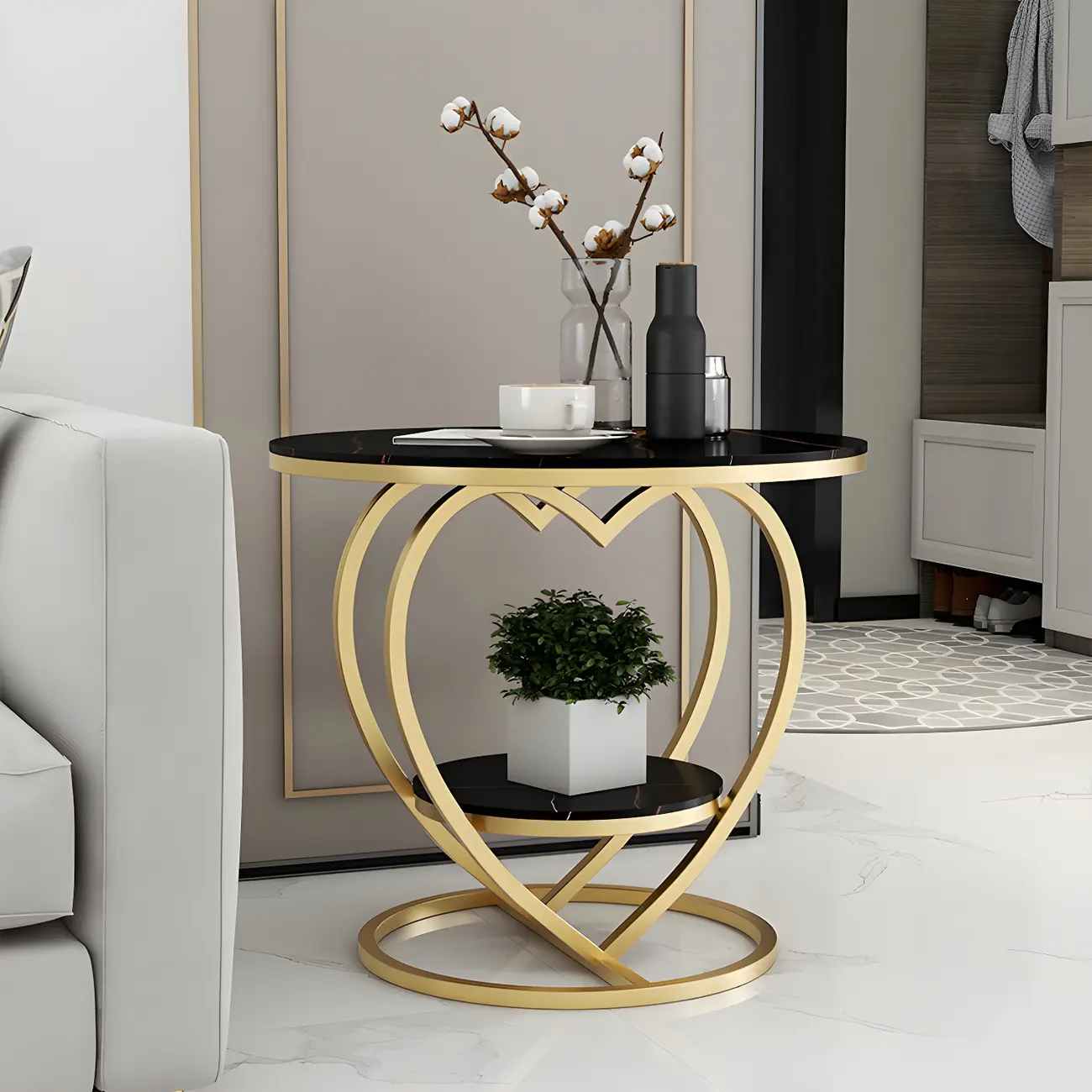 Stylish Round Marble Side Table with Storage and Gold Frame
