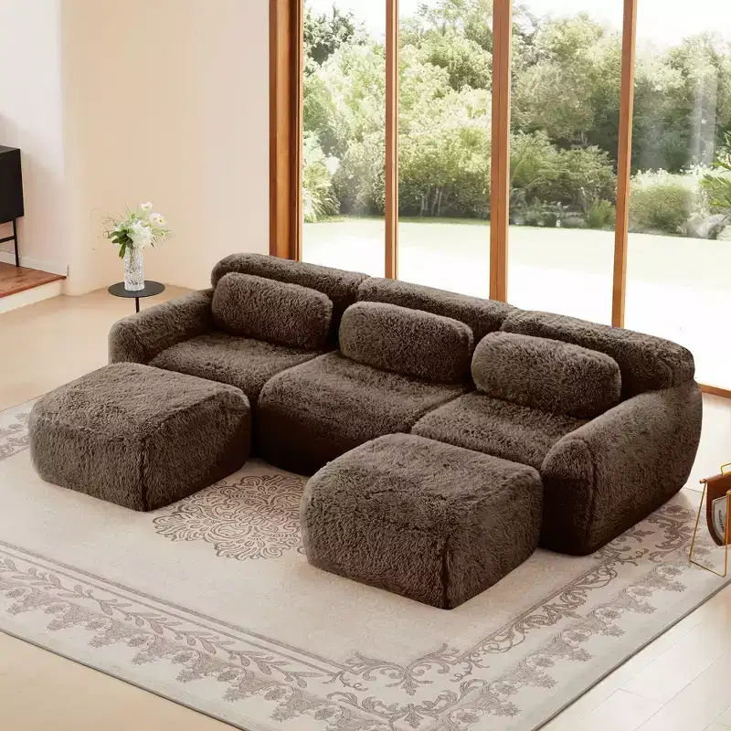 114.6 inch Brown U-shaped Boneless Sectional Sofa with Throw Pillows and 2 Ottomans 32D High Density Sponge for Living Rooms