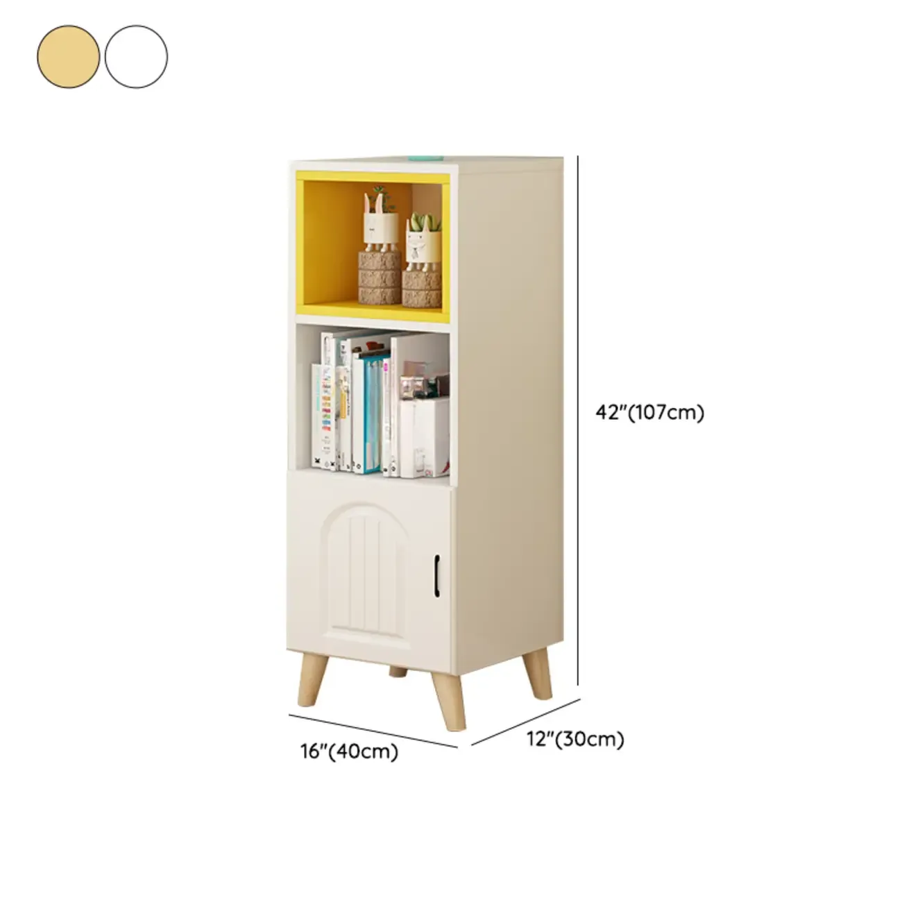 Wood 3-Tier White and Yellow Cube Bookcase with Cabinet
