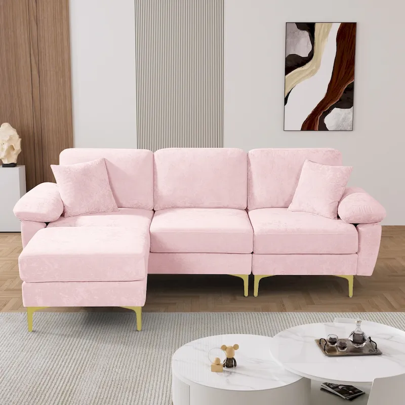 Ouyessir 2-Pieces Upholstered Velvet Sectional Sofa with 2 Pillows & Ottoman