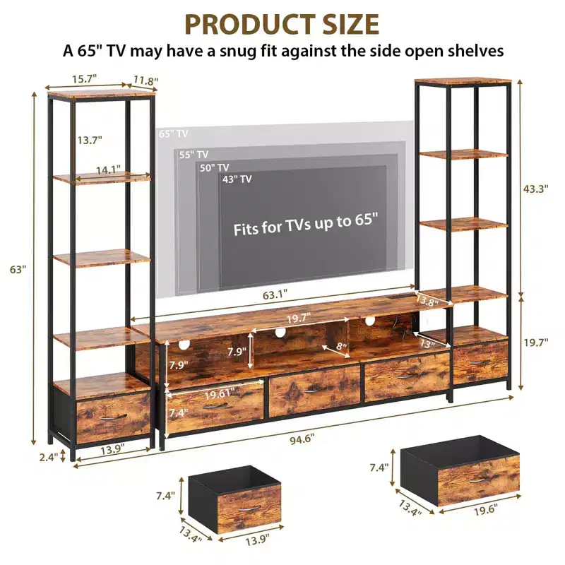 LED TV Stand with 5 Fabric Drawers & Built-in Bookshelves, Ample Storage for Media, Decor and Daily Essentials