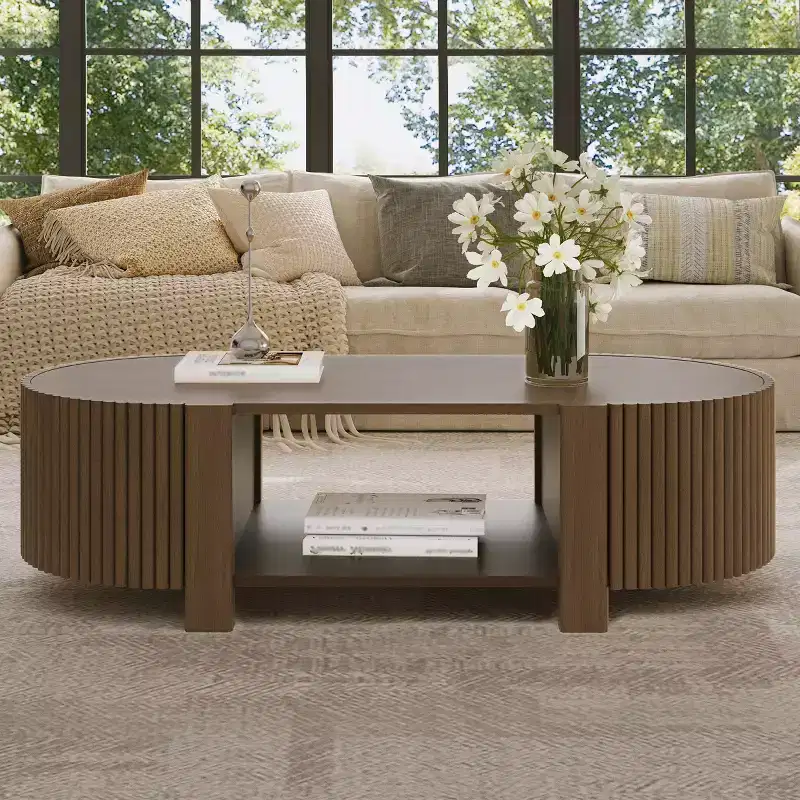 JVNOXK 47-inch oval-shaped living room coffee table with storage, crafted from solid rubberwood, featuring 1 shelf and 2 open storage doors, walnut