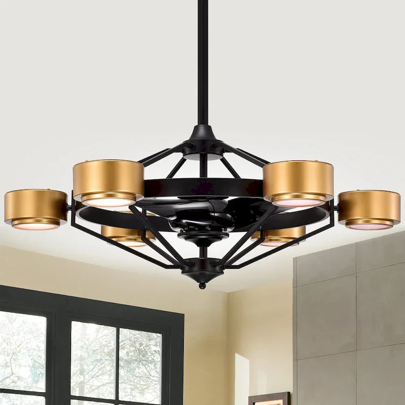 Larissa Matte Ceiling Fan Black+Gold 37-Inch 6-Light Open Metal Cage (Includes Remote)