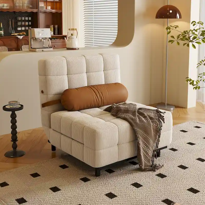 Beige / Camel Corduroy Convertible Armless Sleeper Chair Sofa Bed – 1 Person