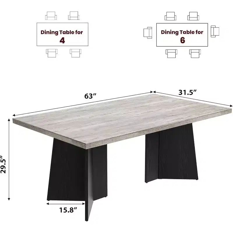 63 Modern Farmhouse Dining Table for 6-8 - Rectangular Wooden Tabletop with Metal Pedestal Legs for Home Office