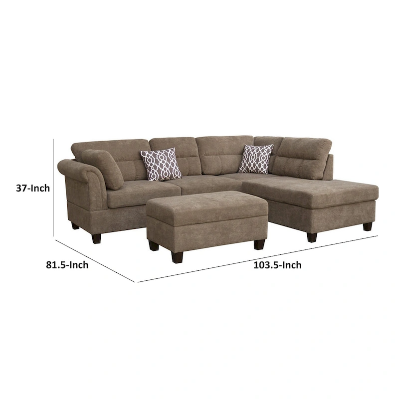 Ari 104 Inch Sectional Sofa with Chaise, Ottoman, 2 Accent Pillows, Brown