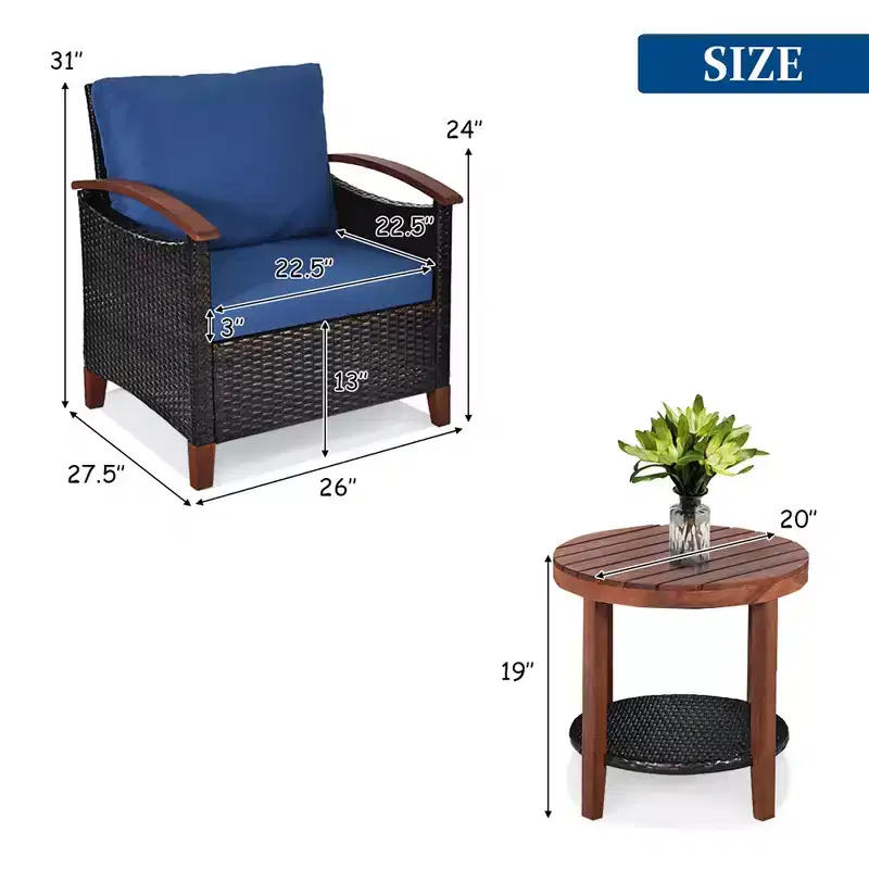 Costway 3PCS Patio Rattan Furniture Set Wooden Frame Cushion Table Shelf Red\Beige\Blue