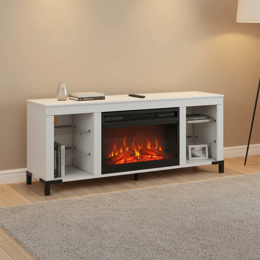 White 60 TV Stand with Electric Fireplace for TVs up to 69