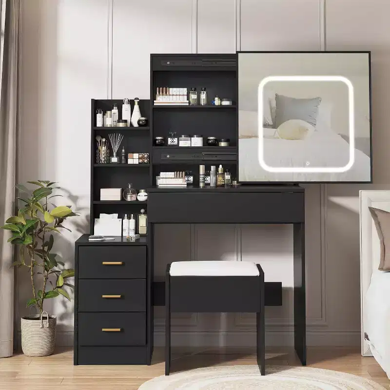 Acekool Dressers Set with Sliding Mirror, Touch Lighting, Charging Station, 4 Drawers & Shelves, Stool, Bedroom Vanity