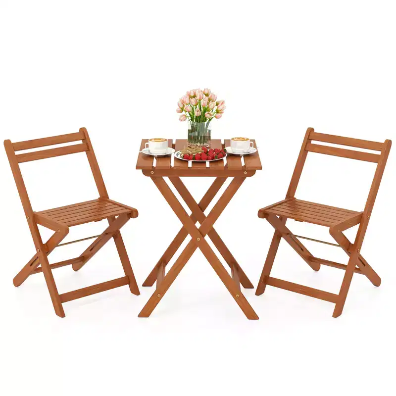 Costway 3 PCS Outdoor Wood Bistro Set w/ 2 Folding Chairs & Dining Table for Backyard