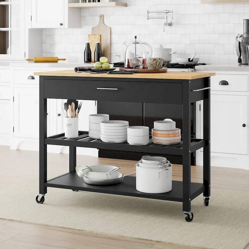 Black / White Wood Kitchen Island Cart on Wheels with Worktop, Drawers, Open Shelves & Towel Rack – Single Unit