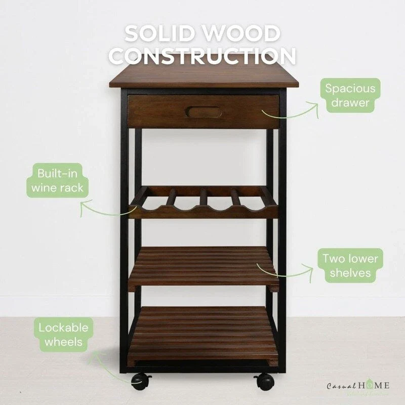 Solid Wood 4-Tier Rolling Kitchen Cart with Wine Rack and Drawer