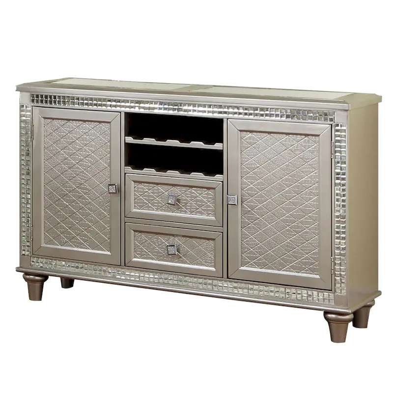 Lin 54 Inch Sideboard Buffet Console, Glass Top, Mirror Accents, Champagne