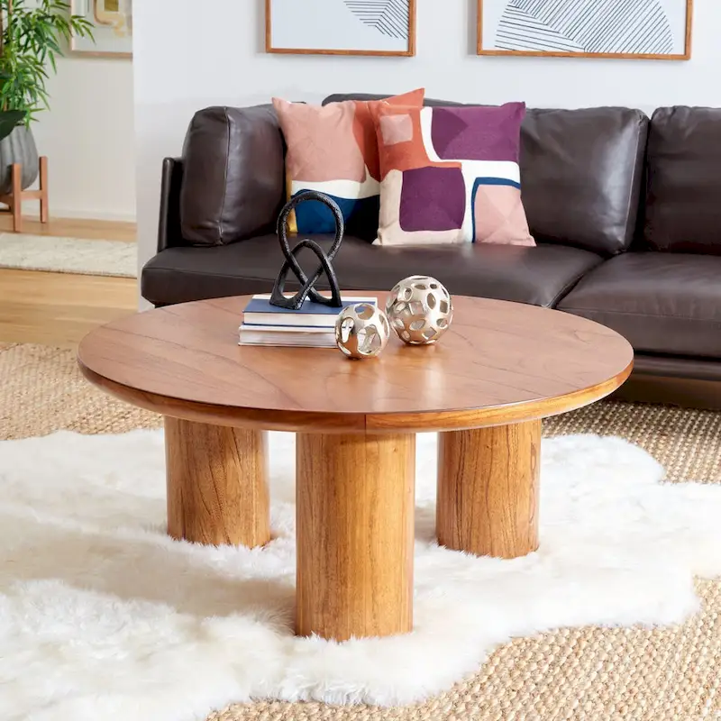 Natural Wood Round Coffee Table with Tripod Base