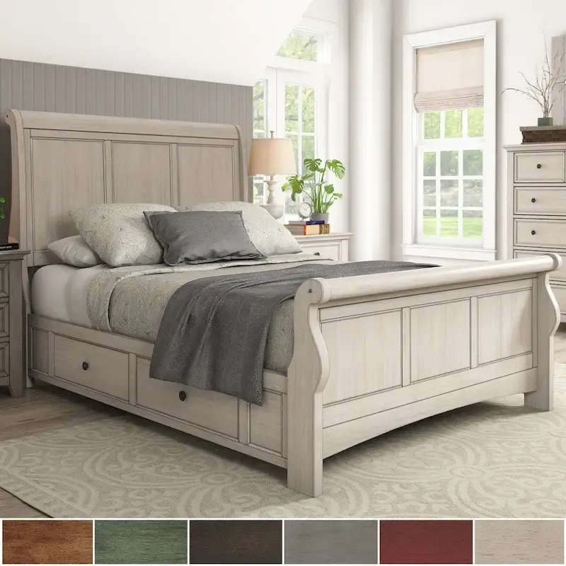 Queen Size Wood Sleigh Storage Platform Bed