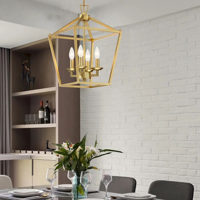 2-PK 12 in.4-light Geometric Lantern Chandelier with Matte Black finish/Soft gold finish