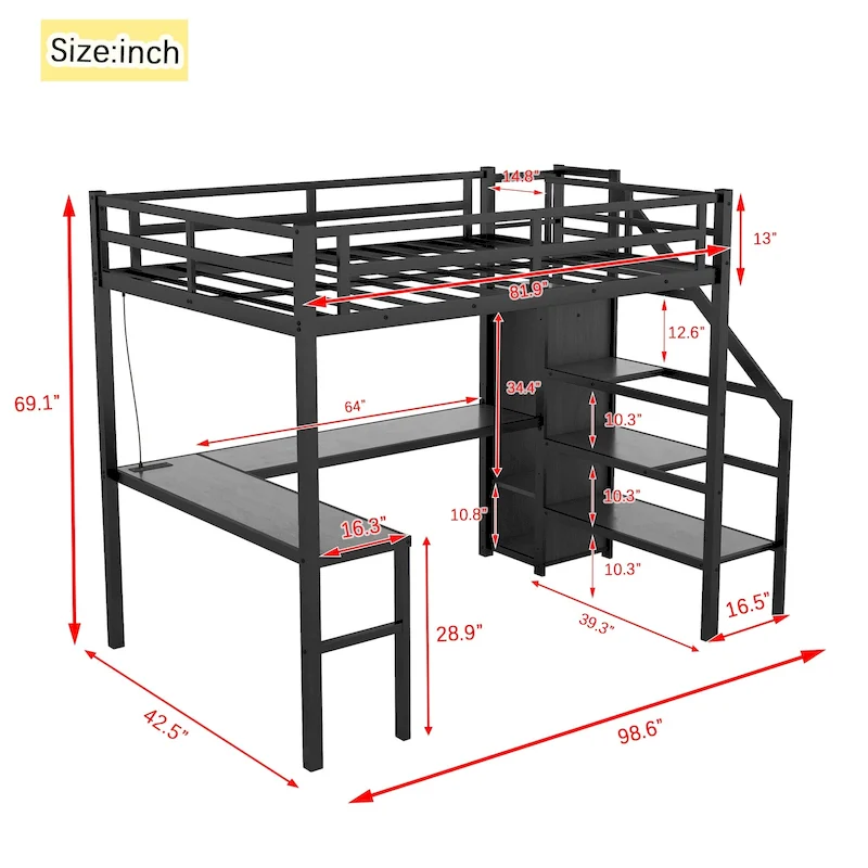 Twin XL Size Loft Bed with L-shaped Desk and USB