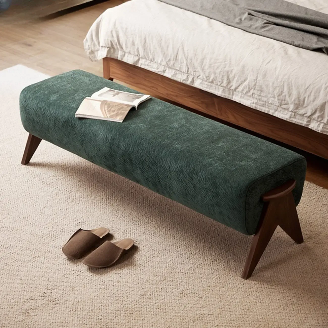 Modern Emerald Green Upholstered Bedroom Bench