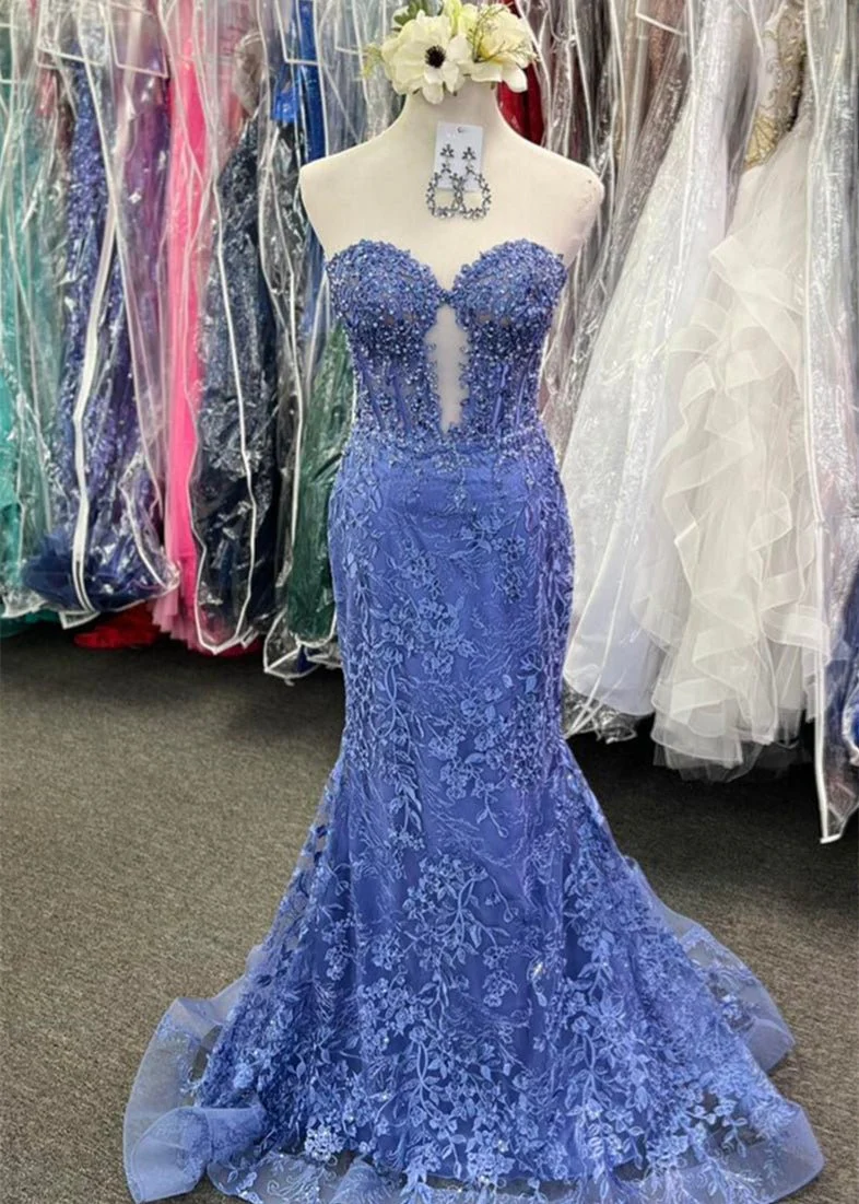 Black Sweetheart Lace Appliques Mermaid Long Prom Dresses