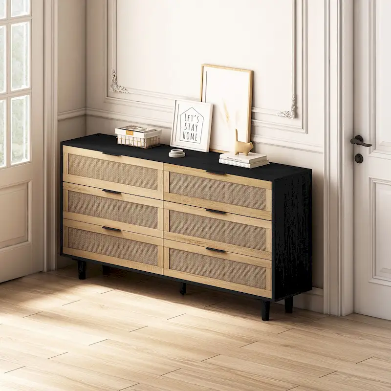 Black 6-Drawer Rattan Dresser, Single