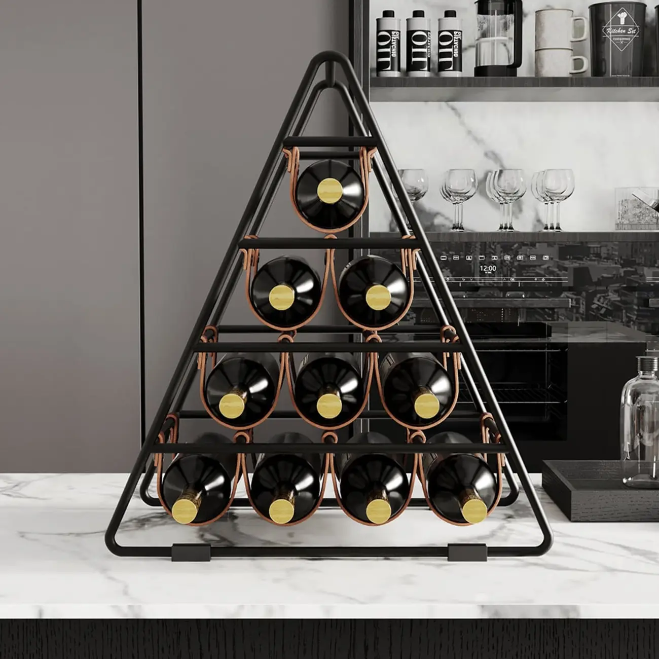 Industrial Black Metal Countertop Triangle 10 Bottles Wine Rack Holder