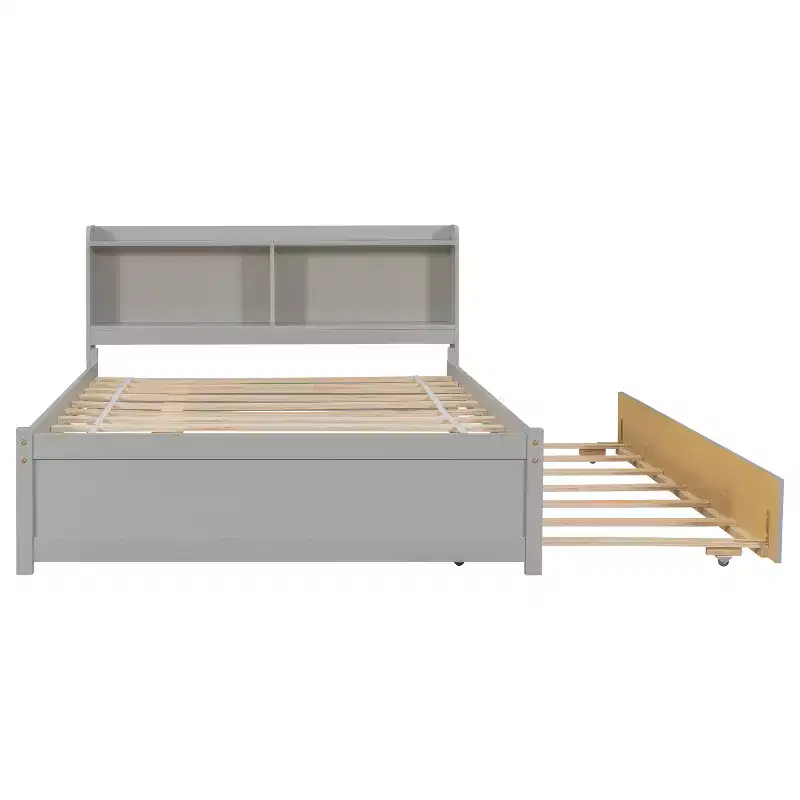 Gray Full Platform Bed with Trundle & Bookcase, 1-Person