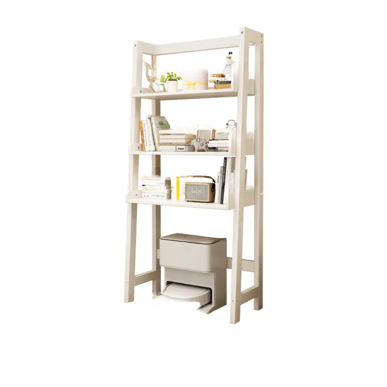 Narrow Modern Rubberwood Ladder Bookcase Open Back