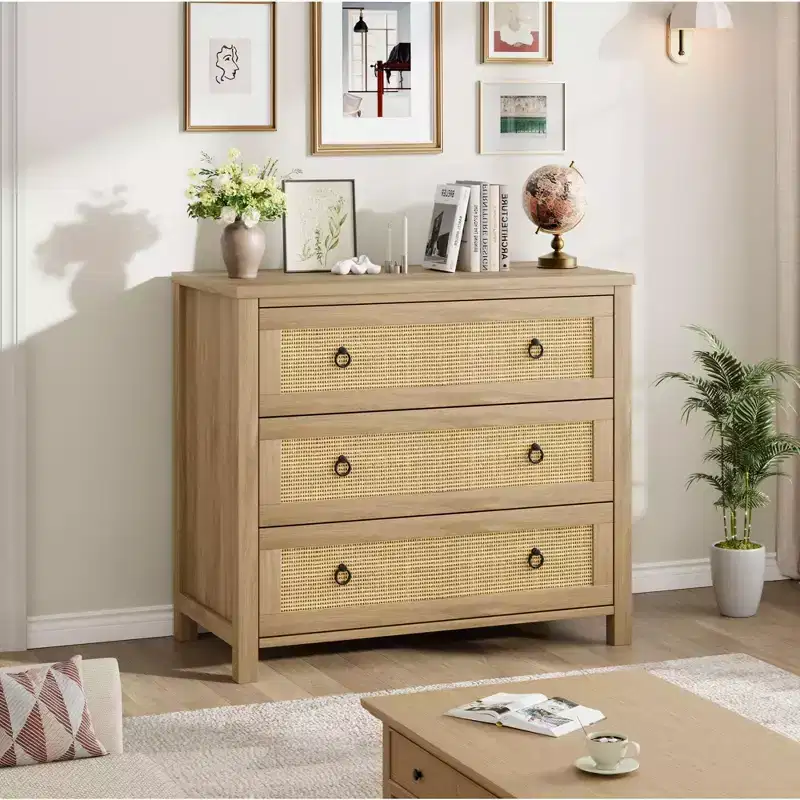 Rattan Dresser, Boho Chest of Drawers, Wooden Chest with Clothes Storage Cabinet, Drawer Organizer for Bedroom, Living Room, Hallway, Natural Oak